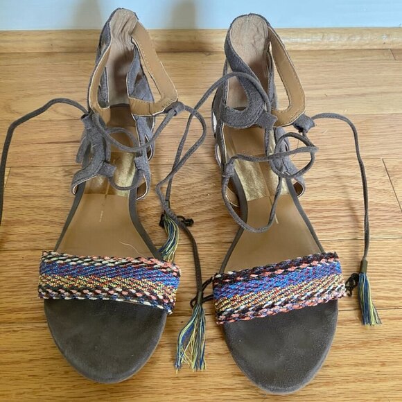 Dolce Vita Gray Suede Sandals With Tassel Ties and Knit Detail on Strap Size 7 - Picture 1 of 10
